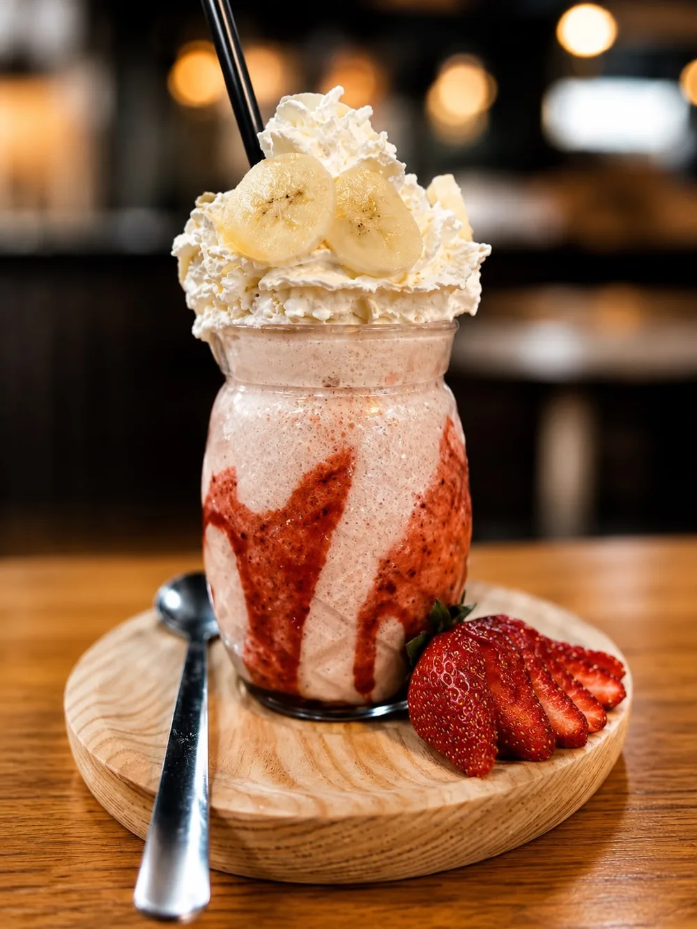 Frappé de fresa con nata, plátano y fresas frescas, La Tradición