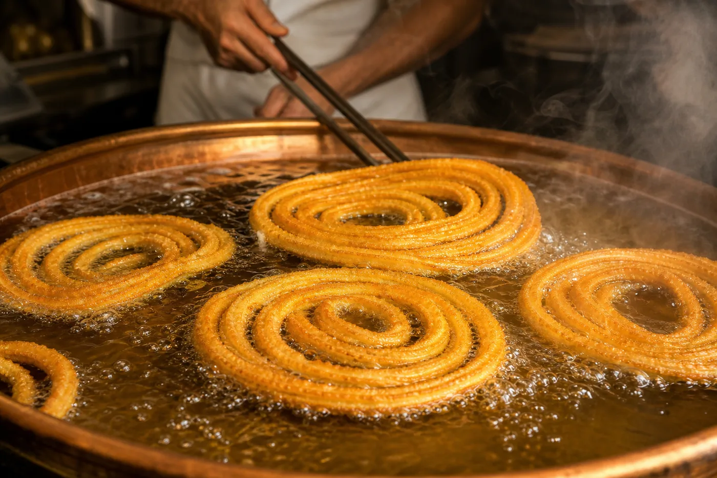 Churros freíéndose al momento en el obrador